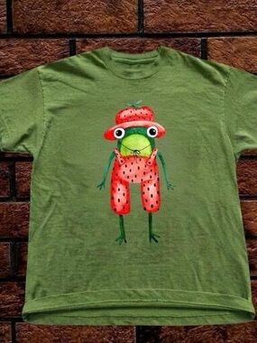 Gildan Green Tee with Funny Red Strawberry Frog Graphic